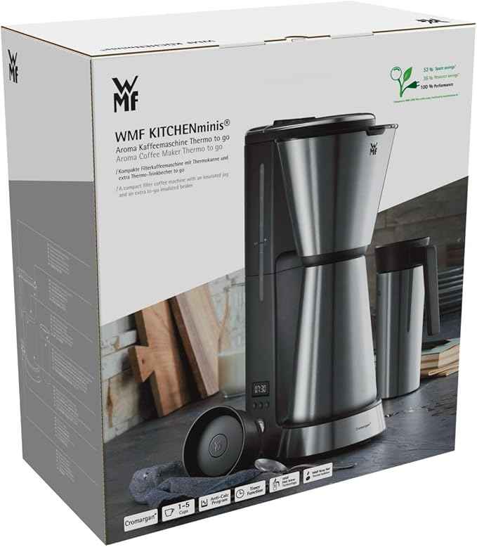 WMF KITCHENminis 0412260011 Aroma Filter Coffee Maker, Thermo-To-Go, Compact, Insulated Jug and Takeaway Mug, Cromargan High Quality, 760 W, Up to 5 Cups