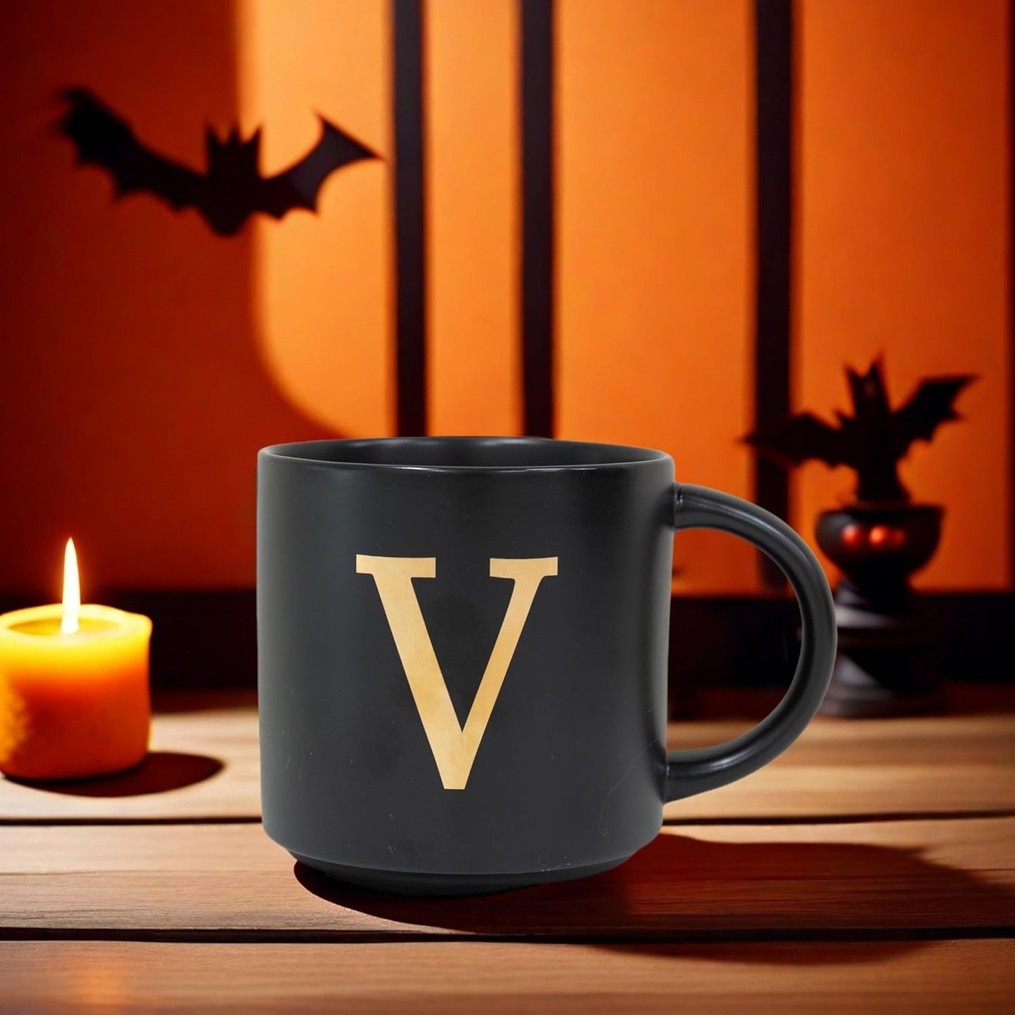 COLLECTIVE HOME - Monogram Ceramic Mugs, 15 oz Golden Initial Black Coffee Cups, Elegant Alphabet Tea Mugs, Elegant Personalized Mug with Gift Box, Unique Mug with Double Side Capital Lette (V)