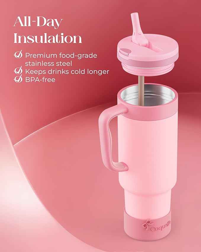 40 oz Insulated Tumbler with Handle and Push-Button Straw Lid, Stainless Steel Travel Cup for Gym Office, Leakproof, BPA-Free, Cup Holder Friendly, Bow Silicone Boot, Pink (Rose Quartz)