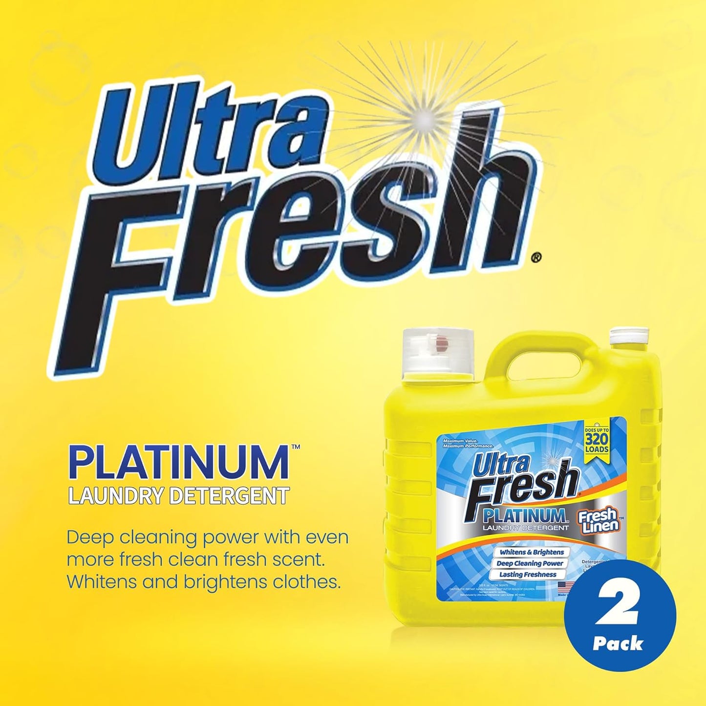 Ultra Fresh 2 Pack Platinum Liquid Laundry Detergent up to 320 Loads, Fresh Linen - Deep Cleaning Power and Fresh Scent for Washing Clothes