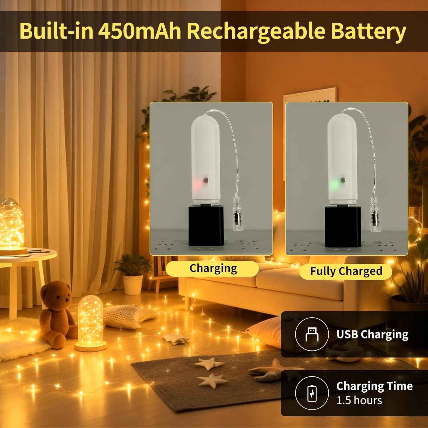 Rechargeable Fairy Lights Battery Operated, 33ft 100 LEDs String Lights with Remote, Waterproof, Mini Twinkle Lights for Bedroom, Christmas, Wedding, Indooor Outdoor Decor, Warm White