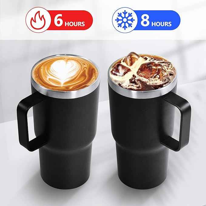 20 oz Tumbler with Handle, insulated cup coffee mug with lid, straw and handle, Double Wall Stainless Steel Vacuum Coffee Tumbler travel mug spill proof, 1pcs Black