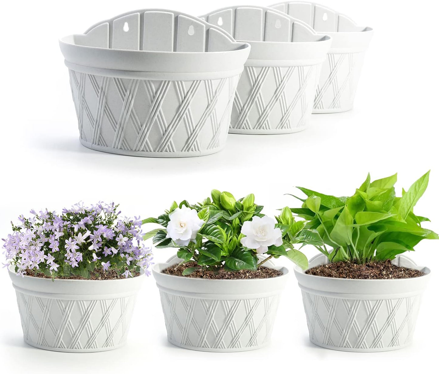 Sungmor Wall Hanging Planters,11.5 Inch Hanging Flower Pots for Railing Fence - Indoor Outdoor Balcony Wall Hanging Basket, Plastic Plant Pot Container - Half Round & 3PC Pack & Grey White