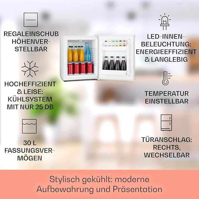 Klarstein Happy Hour – Mini bar, réfrigérateur à boissons, Compression, température de refroidissement : 5-15 °C, classe d'efficacité énergétique A, silencieux : 0 dB, lumière LED, 25 L, Argent