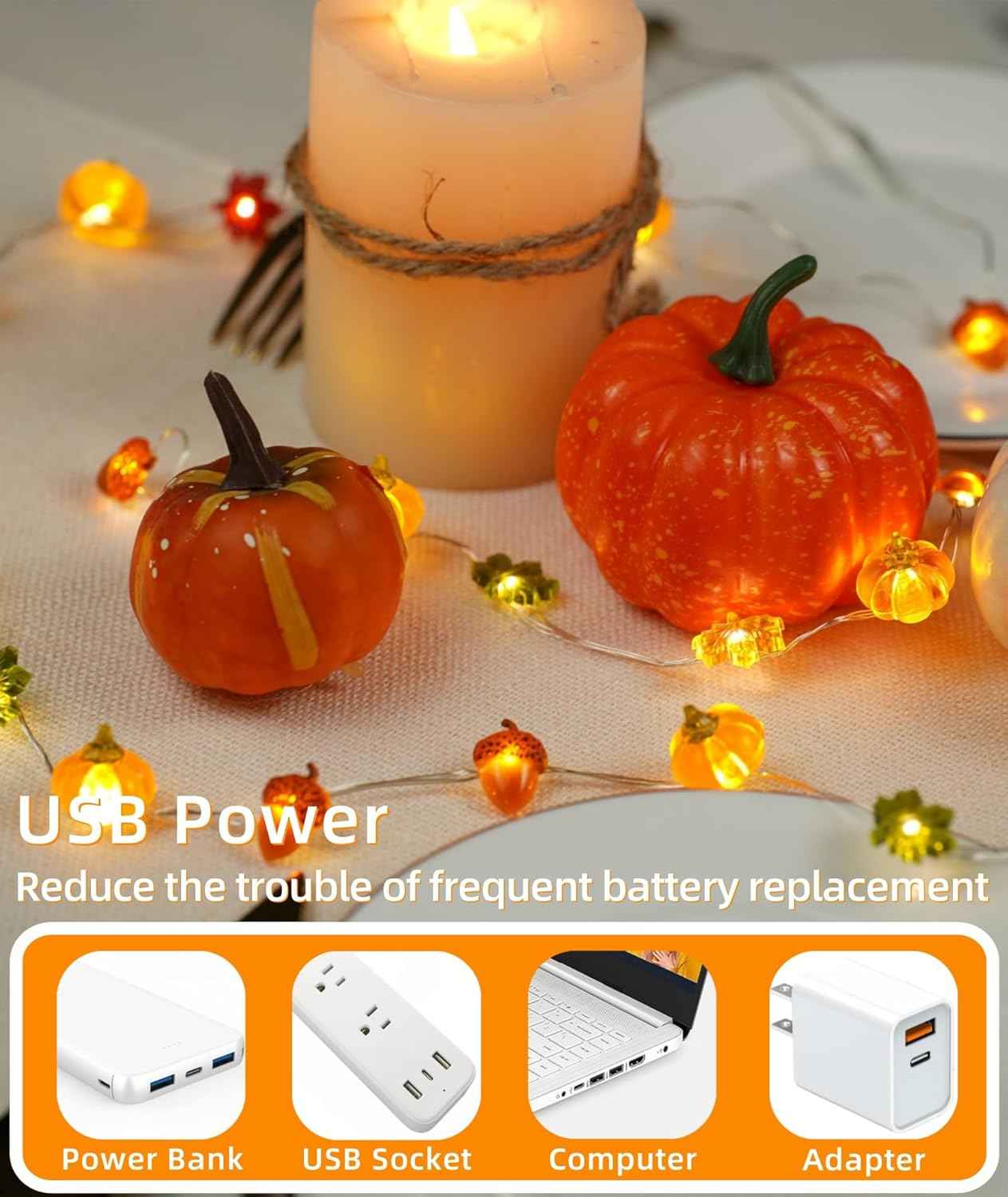 Thanksgiving Lights 10FT 30 LED Fall Lights 3D Pumpkin Maple Leaf Acorn USB/Battery Operated String Lights Halloween Decorations Indoor Fall Decorations for Home Garland Party Autumn