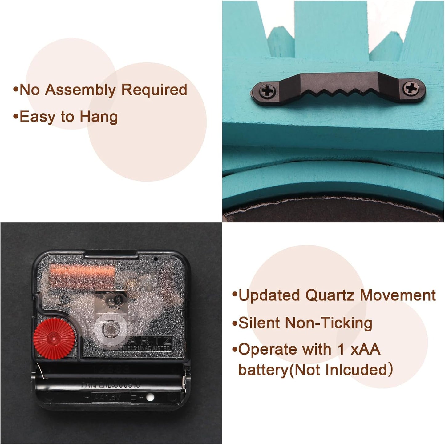 Honiway Wall Clock Battery Operated 12 Inch Rustic Wood Beach Sunburst Decorative Wall Clock Silent Non-Ticking Coastal Wall Decor Clocks for Living Room Kitchen Bathroom Bedroom (Cyan)