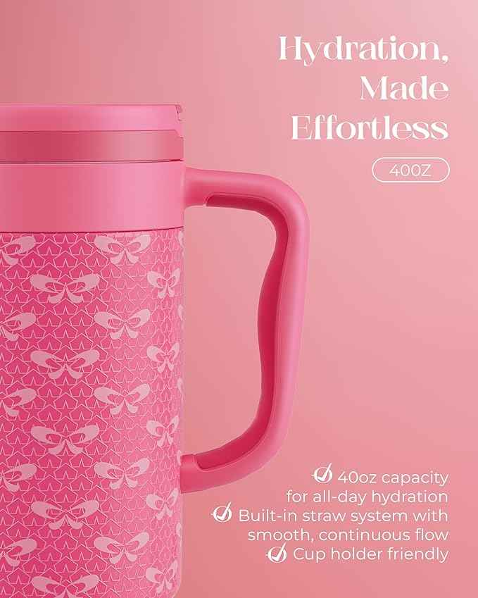 40 oz Insulated Tumbler with Handle and Push-Button Straw Lid, Stainless Steel Travel Cup for Gym Office, Leakproof, BPA-Free, Cup Holder Friendly, Bow Silicone Boot, Pink (Coquette Fuchsia)