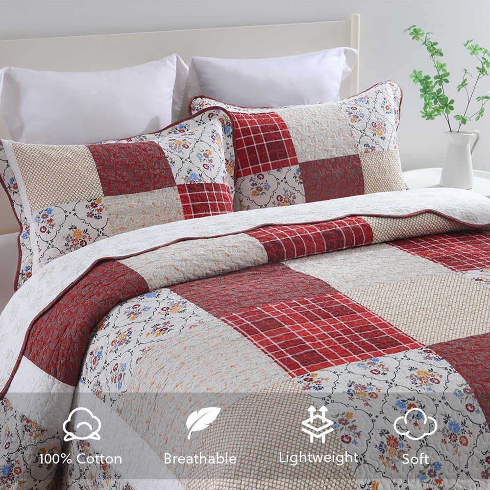 Cotton Bedspread Quilt Bedding Sets 3 Pieces Reversible Coverlet Sets Comforters Vintage Red White Rose Floral Patchwork Bedspread, King Size