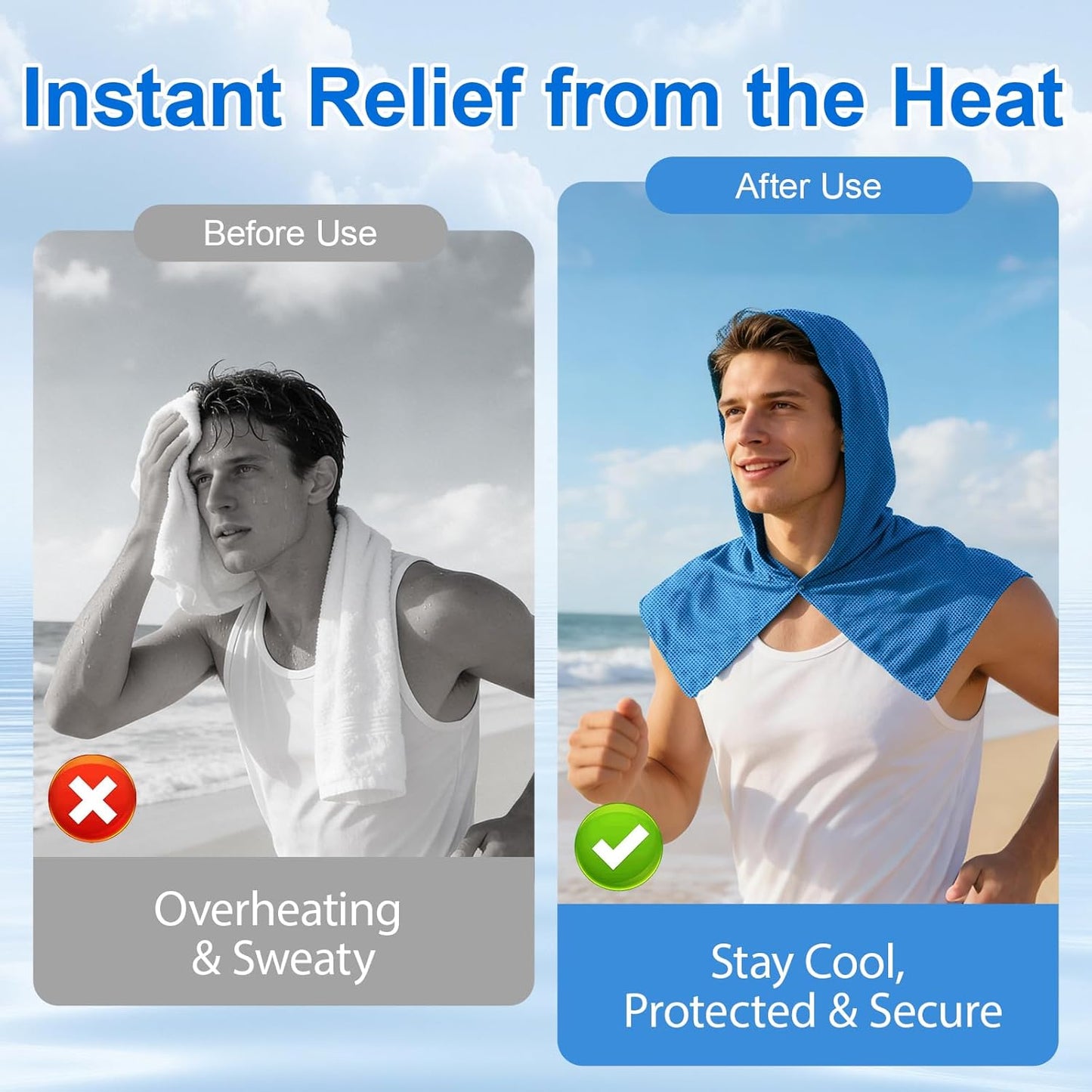 2 Pack Cooling Hoodie Towels for Neck and Face, UPF 50 Sun Protection & Instant Cooling Towels for Hot Weather, Soft Breathable Towel for Work Out, Sport, Gym, Camping & More Activities