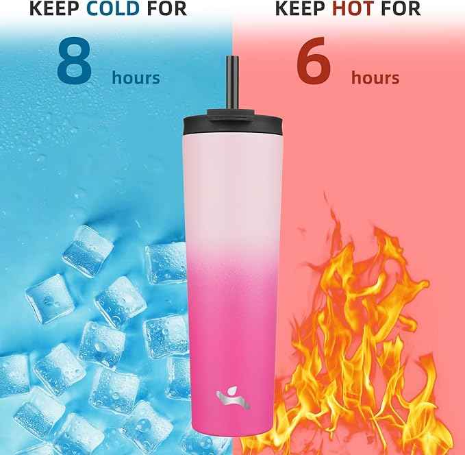 Konokyo 34 OZ Insulated Tumbler with Lid and 2 Straws Stainless Steel Water Bottle Vacuum Travel Mug Coffee Cup,Cherry