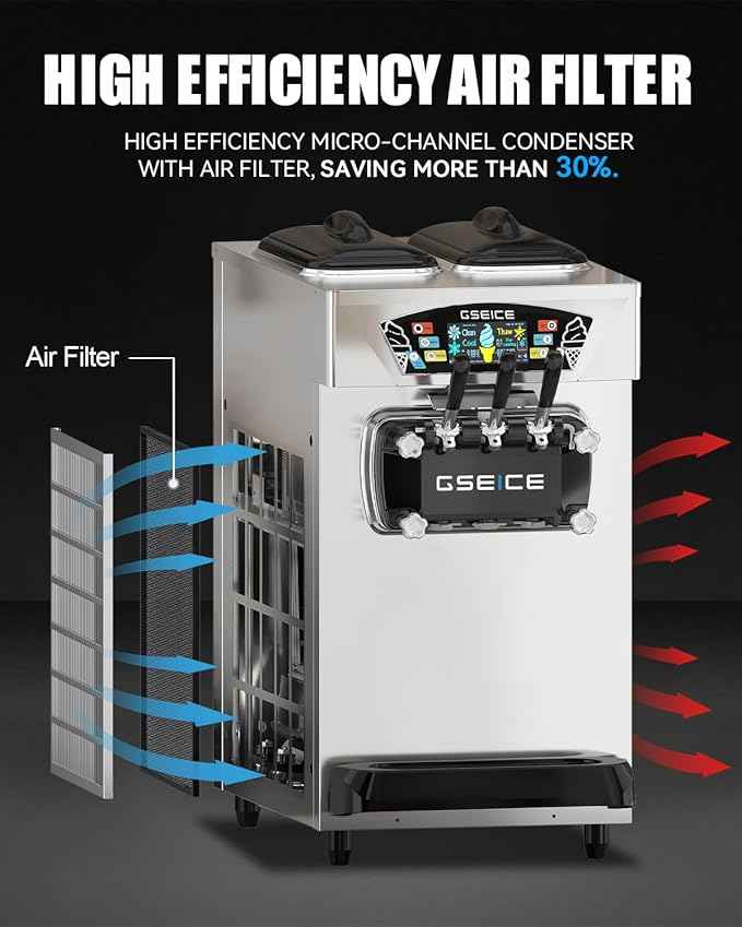 Commercial Ice Cream Maker, 6.8-8.4 Gal/H, 2 * 8L Hopper 110V Countertop Soft Serve Ice Cream Machine, 3 Flavors Puffing Alarm Pre-Cooling For Shops Cafes Dessert Stores, Auto Clean & Touch Screen