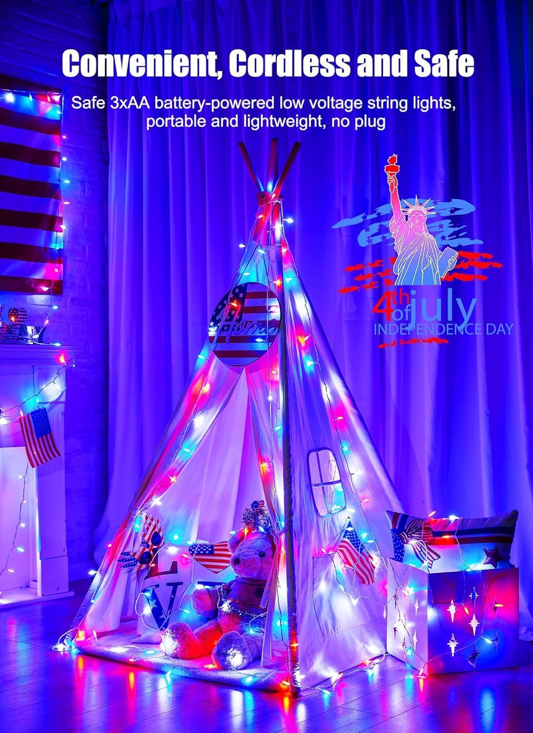 Battery Operated Independence Day String Lights - 8ft 20 LED 4th of July Decoration Patriotic Mini Lights with Timer, Waterproof for Indoor Outdoor Bedroom Wedding Party Holiday（Red White Blue）