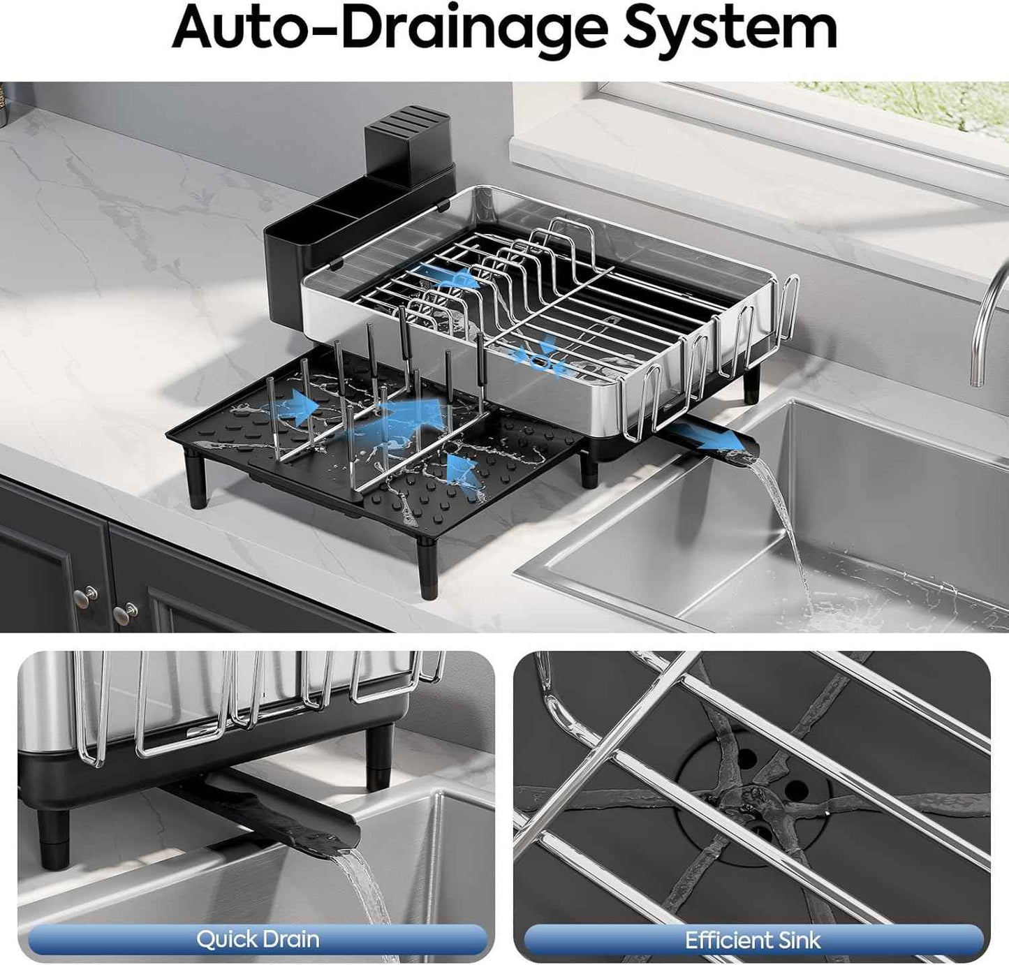 Urackify Dish Drying Rack for Kitchen Counter - Stainless Steel Dish Drainer with Drain Board, Removable Utensil Holder, Rust-Proof Plate, Non-Slip Feet, Large Capacity for 10 Plates 6 Bowls 4 Cups