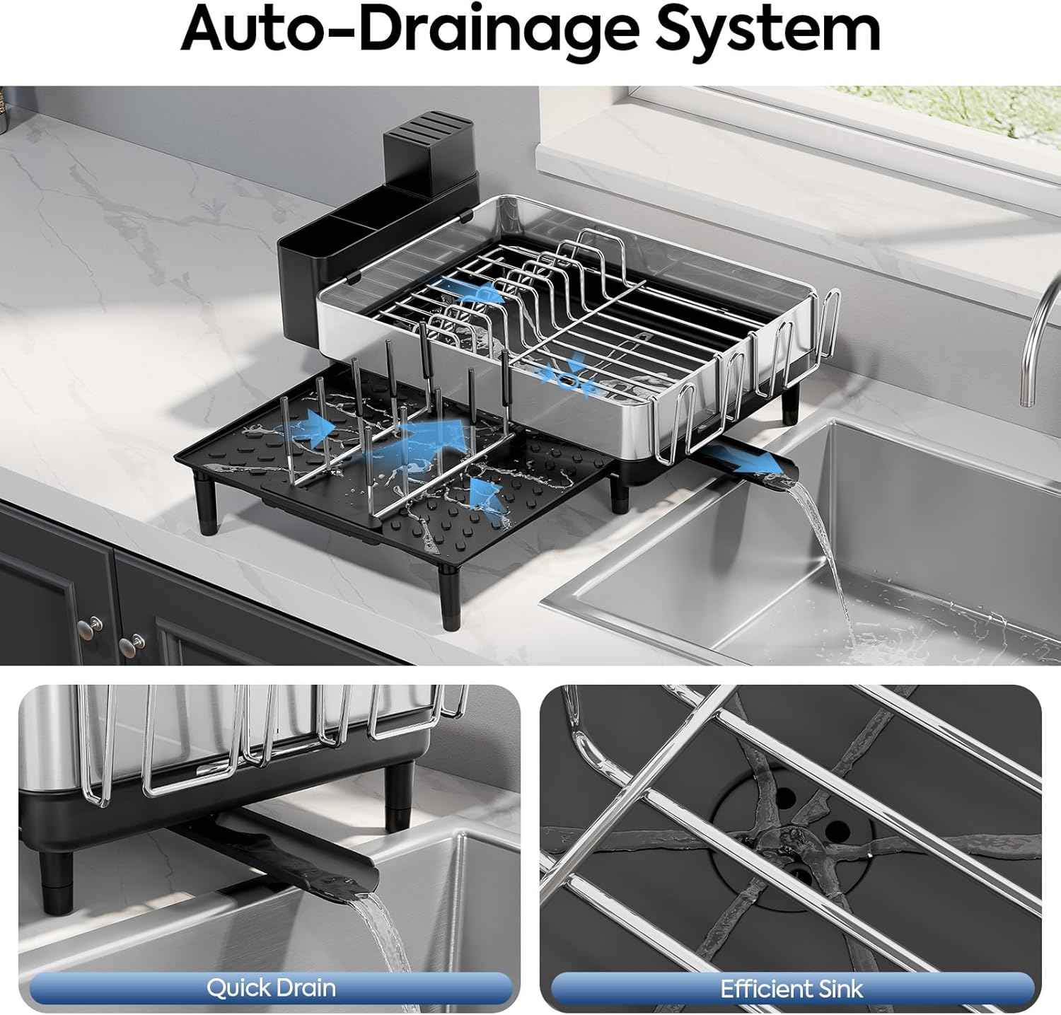 Urackify Dish Drying Rack for Kitchen Counter - Stainless Steel Dish Drainer with Drain Board, Removable Utensil Holder, Rust-Proof Plate, Non-Slip Feet, Large Capacity for 10 Plates 6 Bowls 4 Cups