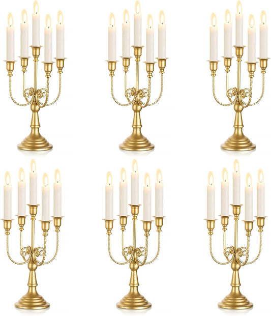 Sziqiqi Candelabra Candle Holder Gold Set of 6-5-arm Metal Candlestick Holders for Taper Candles for Centerpieces Table Wedding Christmas Fireplace Decor Birthday