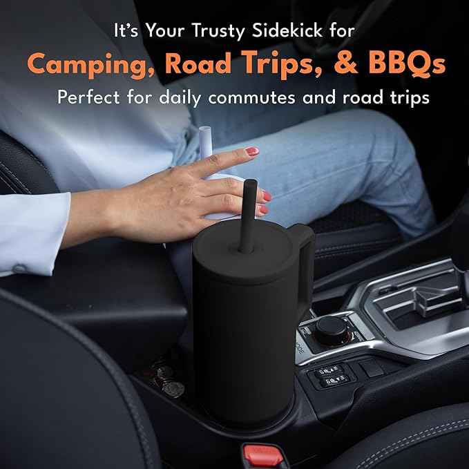 Elemental 40 oz Tumbler with Handle and Straw - Spill Proof Insulated Stainless Steel Commuter for Cold Beverages - Travel Coffee Mug with 2 Straws & Spill Proof Lid - 40oz - Black