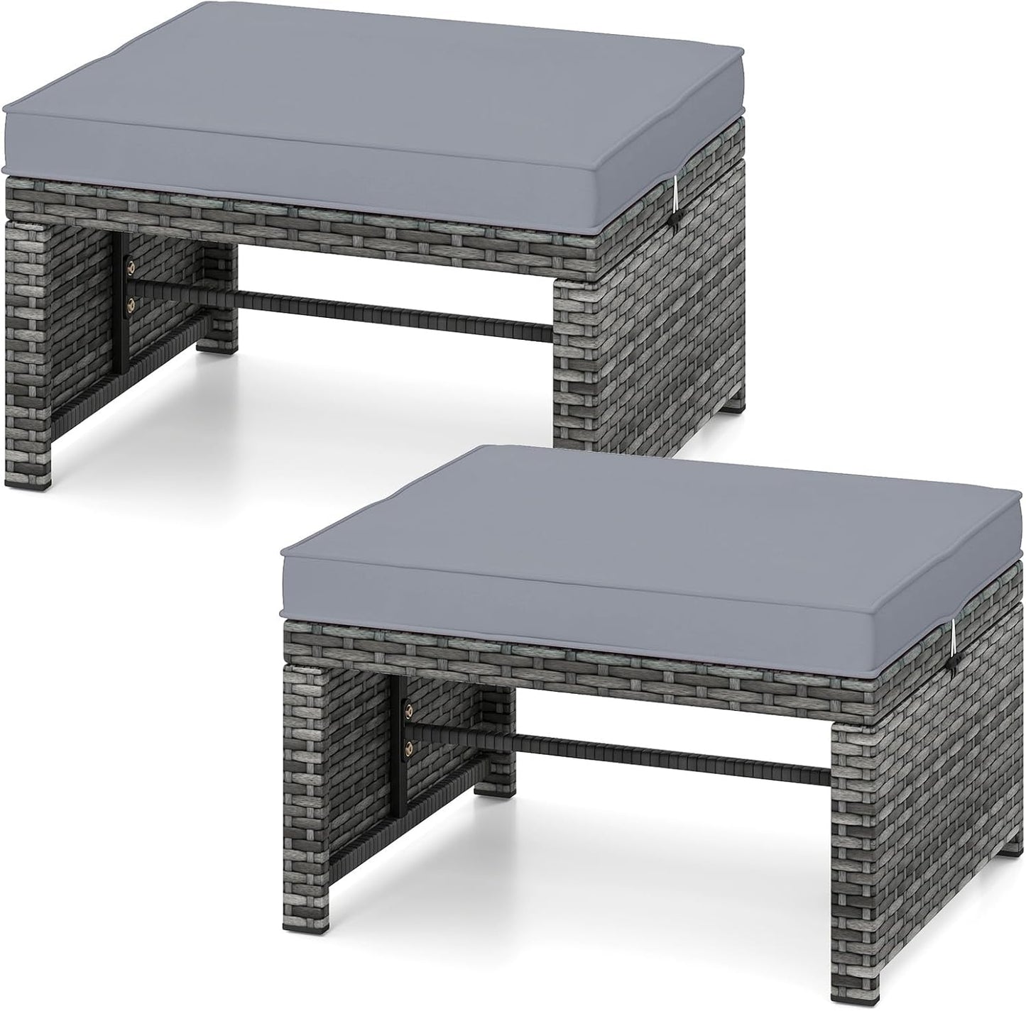 Tangkula 2 Pieces Patio PE Rattan Ottomans, Multipurpose Outdoor Footstool Footrest Additional Seating Side Table with Soft Zippered Cushions for Deck, Garden, and Yard (Gray)