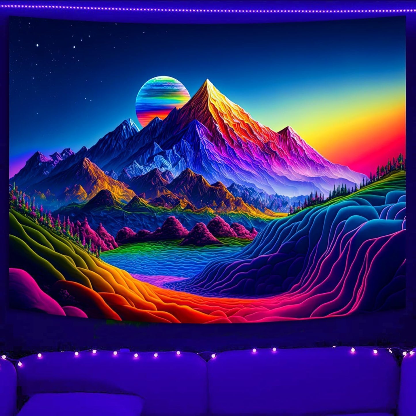 SparkLia Sunset Mountain Tapestry, Blacklight Colorful Forest Lake UV Reactive Tapestry, Neon Glow in the Dark Starry Stars Nature Landscape Wall Hanging Tapestries for Bedroom - 90" x 70"