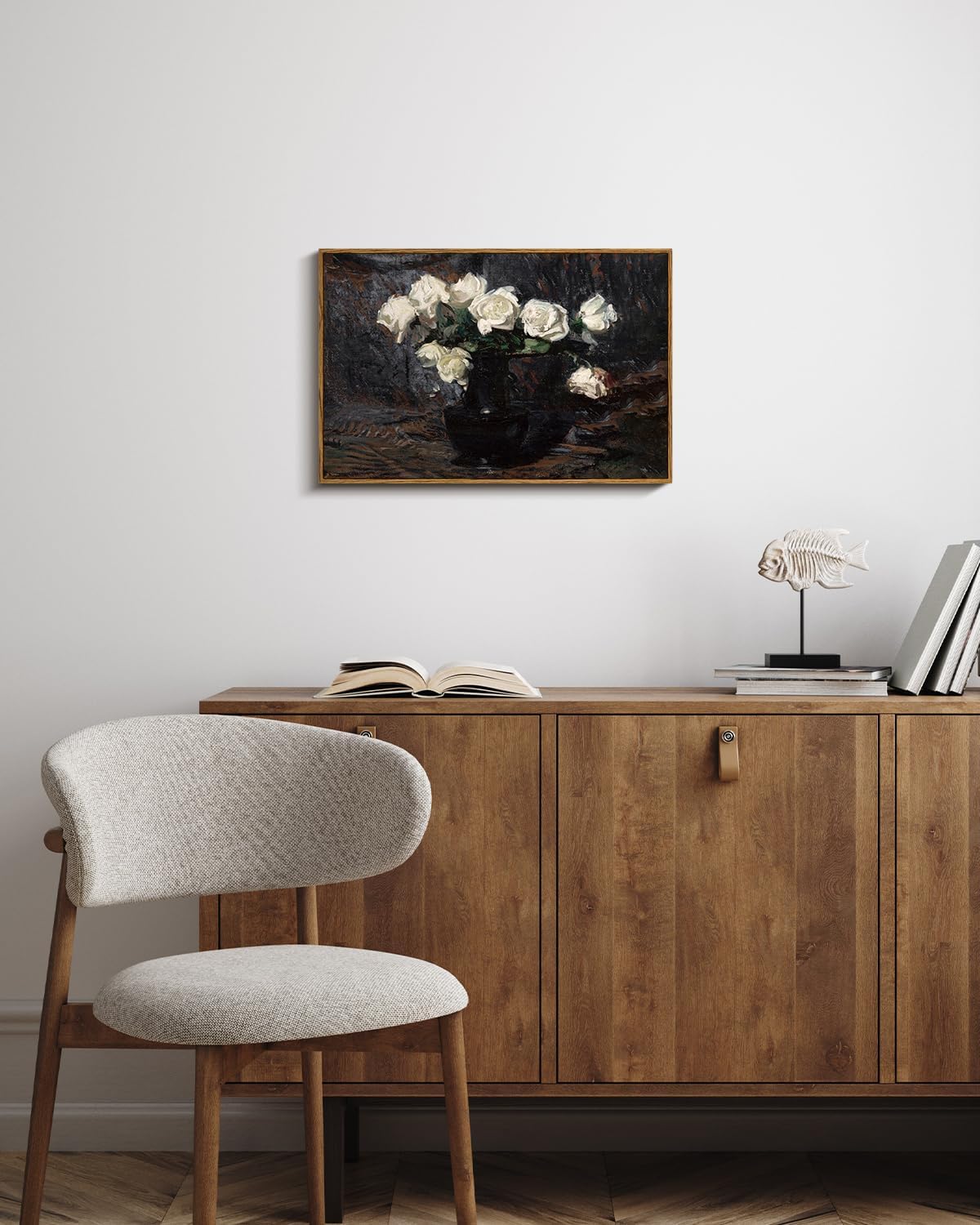 VIYYIEA Framed Canvas Wall Art Home Decor Vintage Botanical Print White Roses in Vase Rustic Farmhouse Flower Wall Decor Mid Century Pictures Decor Art Prints Floral Room Decor for Living Room 16x24in