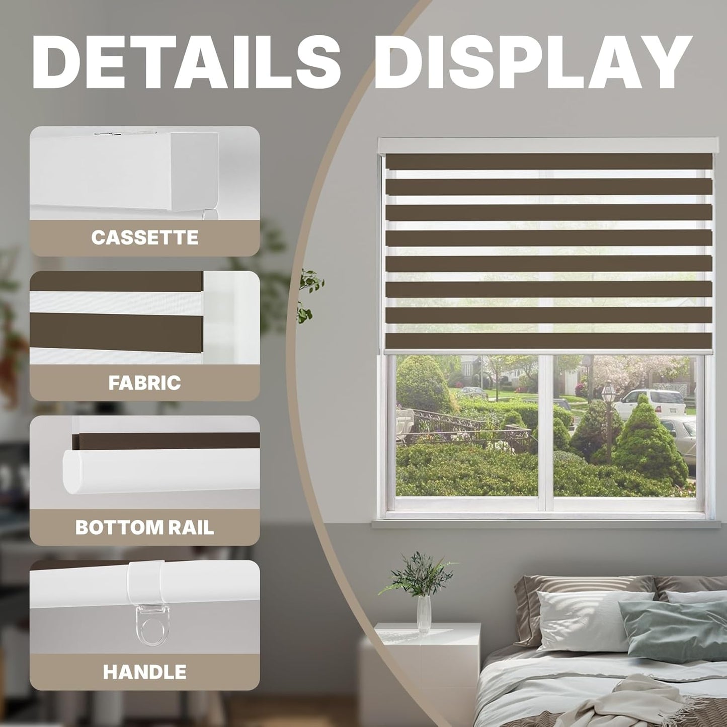 HESTIA Cordless Zebra Blinds Light Filtering Roller Shades UV Blocking Blackout Privacy Indoor Window Shades for Home Office Day and Night, Brown,34" W x 54" H