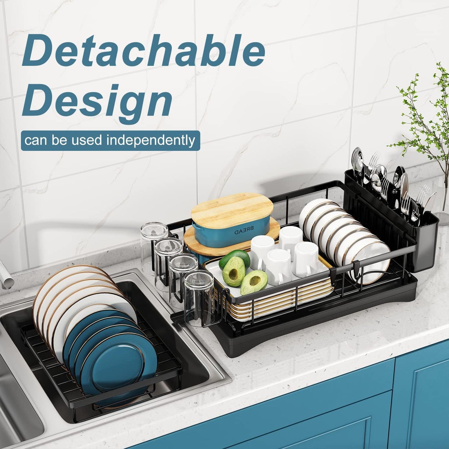 Dish Drying Rack, 2 Tier Dish Racks for Kitchen Counter, Large Stainless Steel Kitchen Dish Drying Rack with Drainboard, Detachable Dish Drainers with Utensil Holders