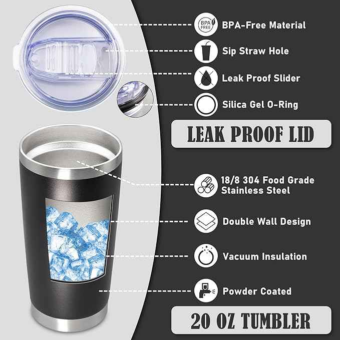 20 oz Tumbler Coffee Travel Tumblers Bulk with Lid Stainless Steel Double Wall Vacuum Insulated Mug Powder Coated Cups fit Car Cupholder for Hot and Cold - Black, 8Pack