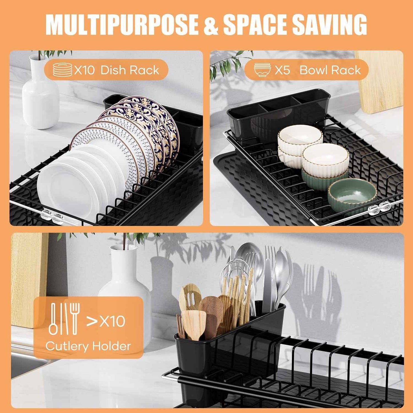 Sink Dish Drying Rack, Expandable Small Dish Drainers with Silicone Drying Mat, Stainless Steel Dish Dryer Rack with a Removable Cutlery Holder for 14’’-19’’ Kitchen Sink