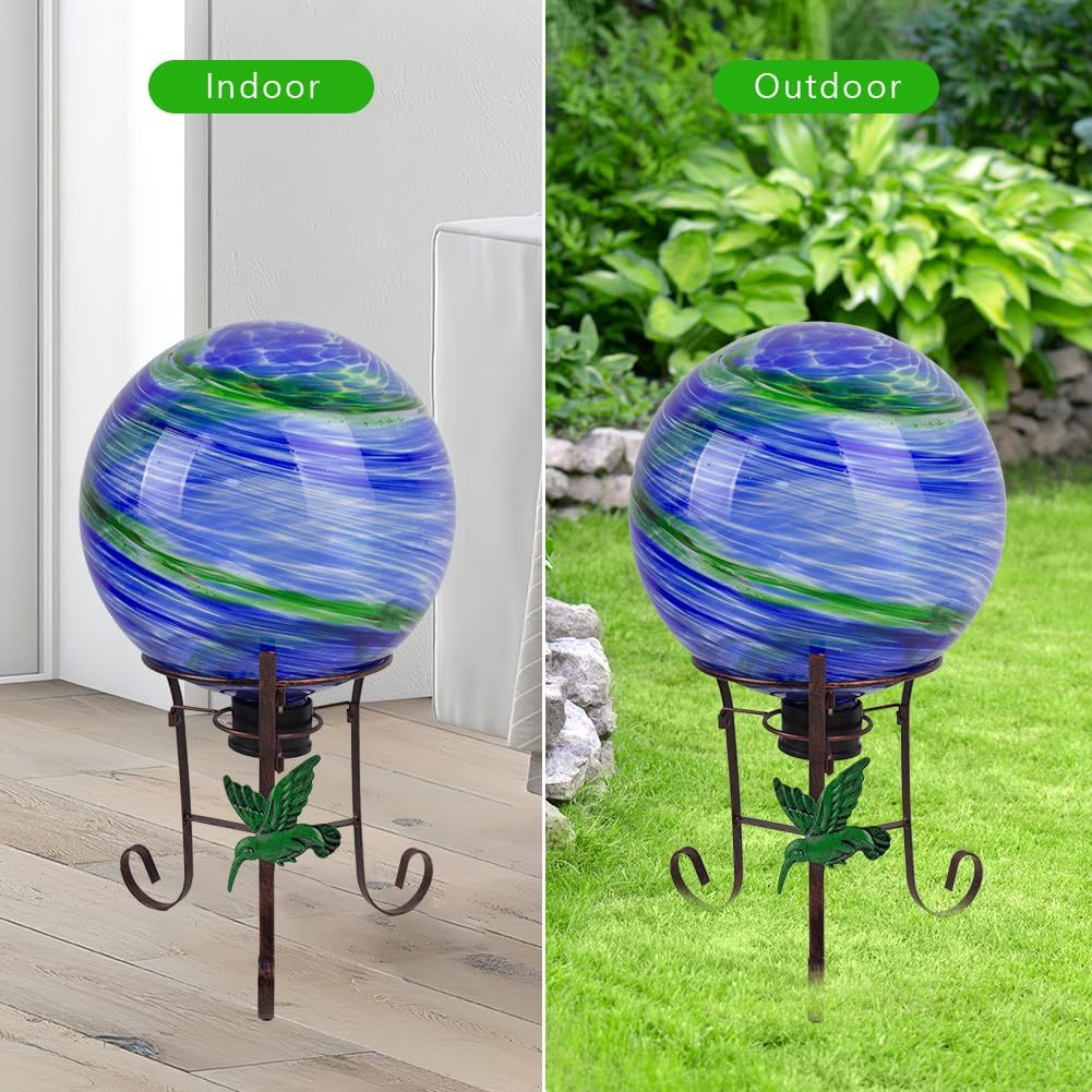 10" Diameter Gazing Ball with 8.5" Hummingbird Metal Stand Outdoor Garden Decor,Glass Globe Sphere Yard Art Decorations Outdoor,Glass Gazing Balls for Garden,Home,Lawn,Patio,Porch(Blue)
