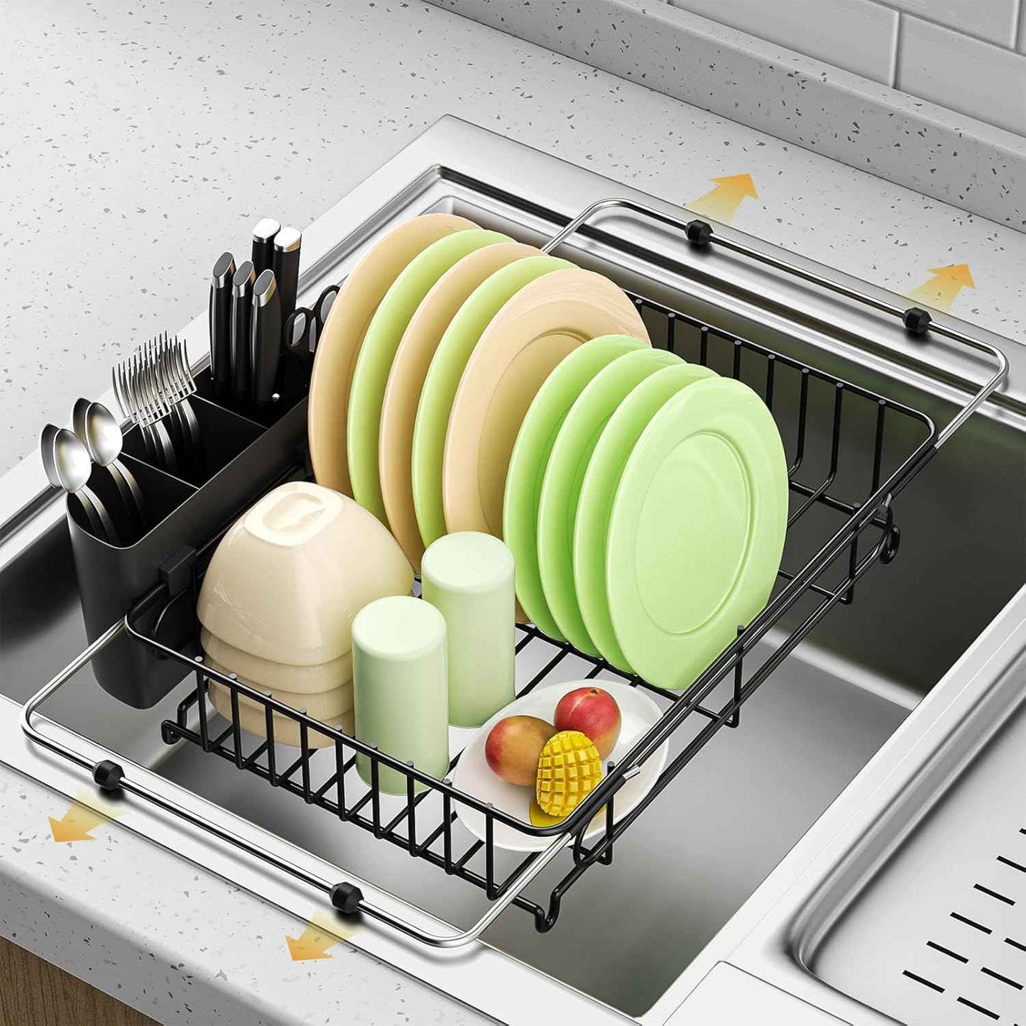 Expandable in Sink Dish Drying Rack,Small Dish Rack Over Sink with Utensil Holder,Stainless Steel Dish Drainers for Kitchen Counter,Sink Drying Rack for Small Space,14.57“-20.87”L x 10.24“W x 2.76”D