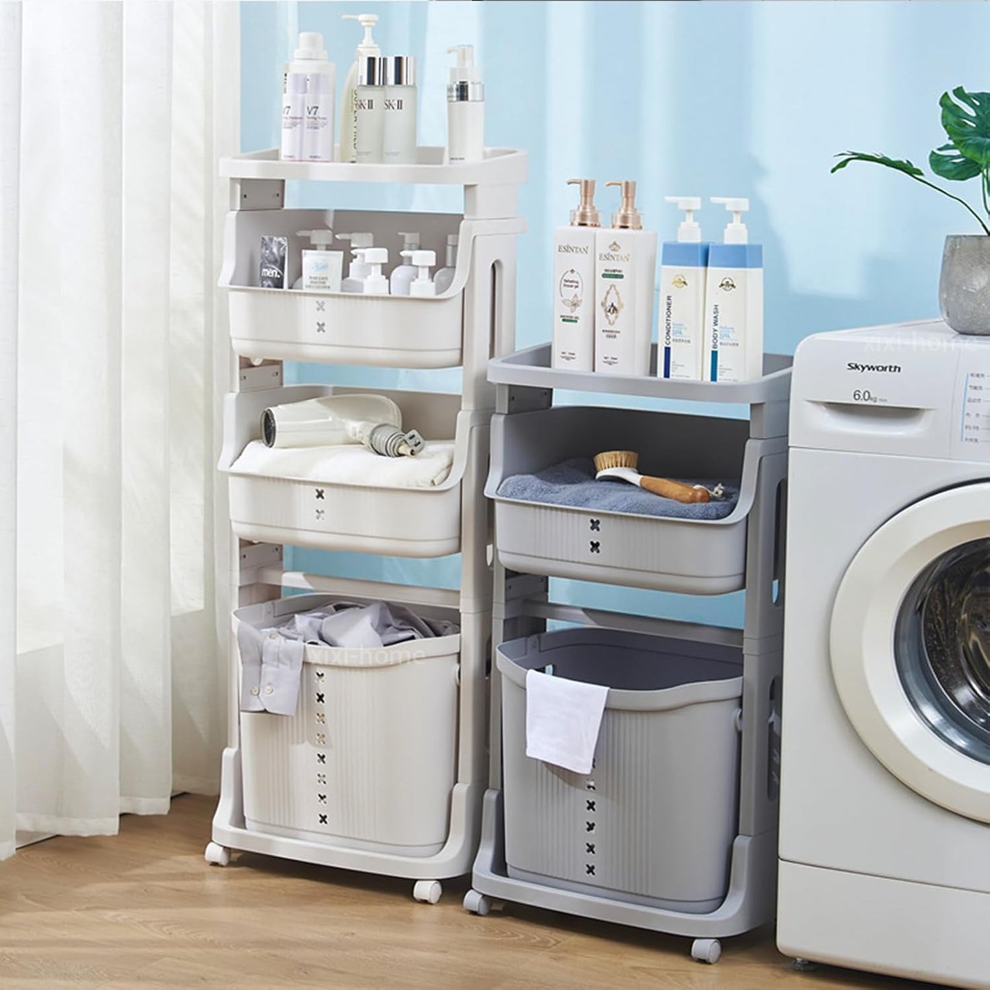 xixi-home 3-Tier Laundry Basket Organizer,Vertical Laundry Hamper Sorter with Wheels,Rolling Laundry Cart Dirty Clothes Hamper Removable Storage Basket for Dorm,Closet,Bathroom,Kitchen-White