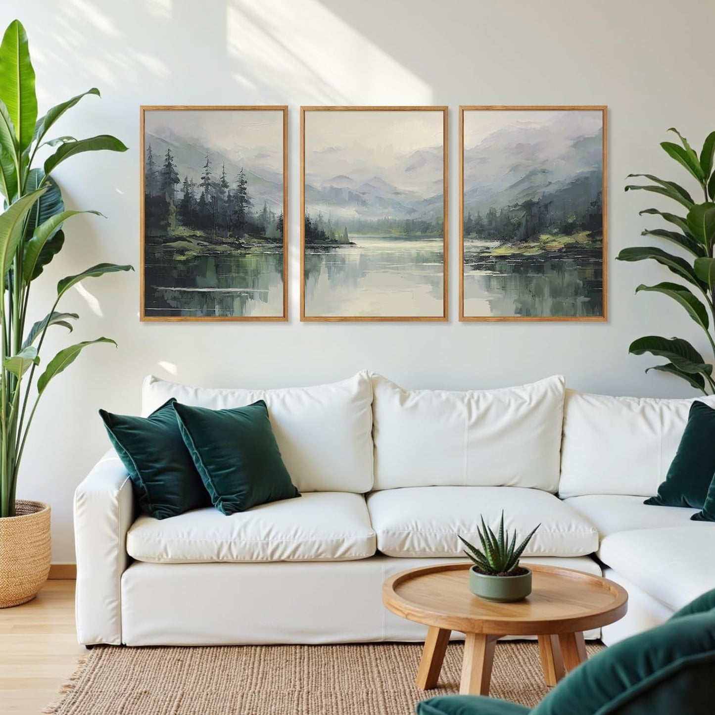 Aurlan Emerald Green Mountain Lake Landscape Framed Wall Art(16"x24"), 3PCS Abstract Forest Nature Canvas Artwork, Large Minimalist Watercolor Modern Pine Trees Scenery Decor for Office Home