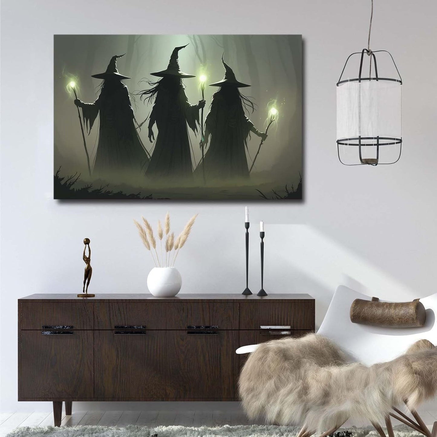 JFHCQJPK Vintage 3 witches canvas wall decor melancholy dark Halloween poster wall decor holding a staff print Gothic horror Halloween painting print for living room bedroom16x24in Frameless