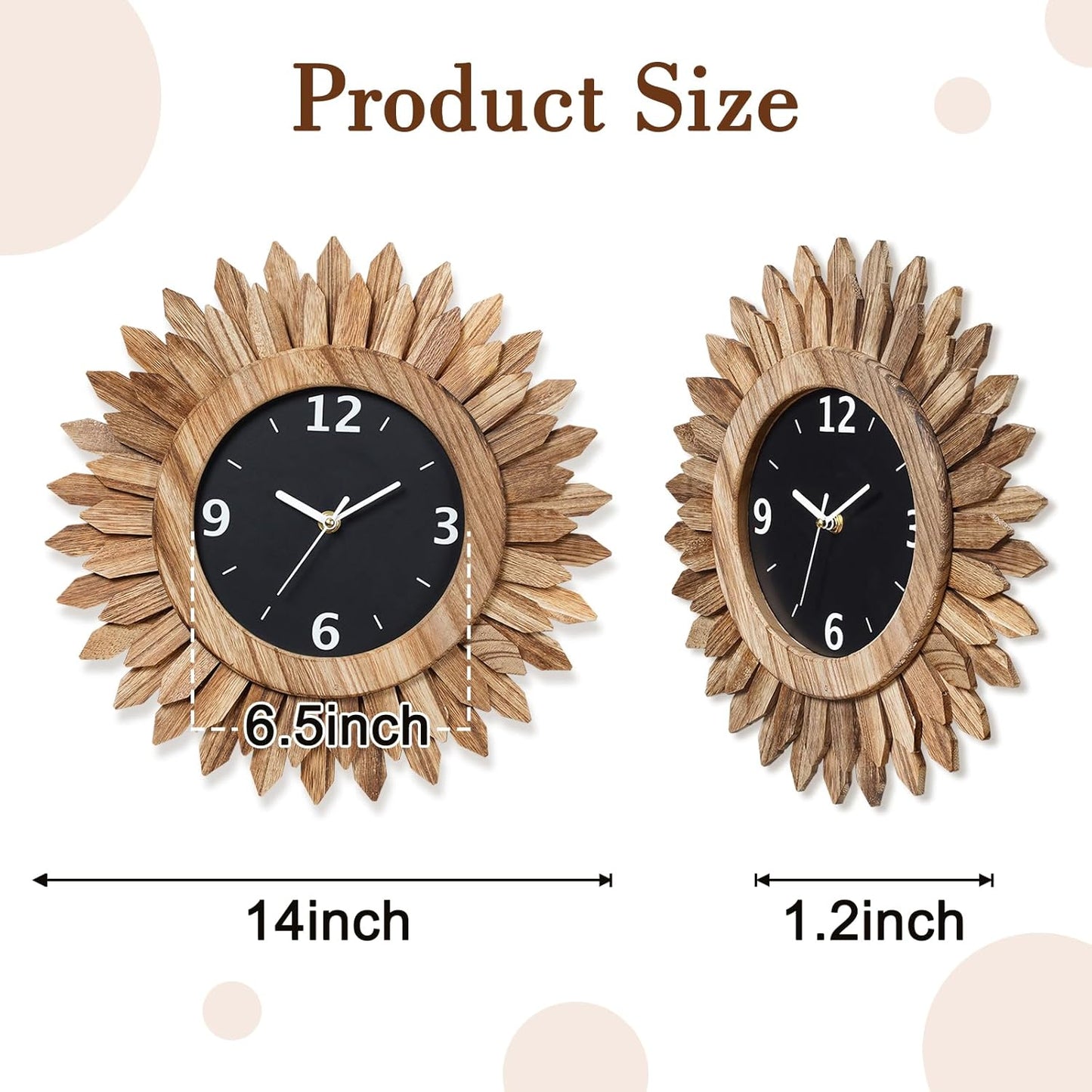 Honiway 14 Inch Wall Clock, Rustic Wood Boho Sunburst Decorative Wall Clocks Battery Operated Silent Non Ticking Farmhouse Small Wall Clocks for Living Room Kitchen Bedroom Home Decor (Rustic Brown)