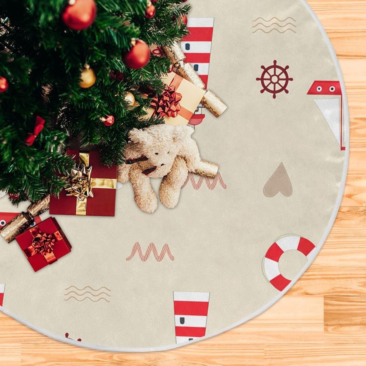 Cute Beer Christmas Tree Skirt 47.2 Inches Large Xmas Tree Mat Holiday Ornaments Tree Base Cover for Winter Home Party Decorations