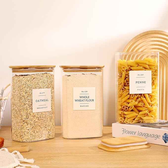 3 Pack Square Glass Pantry Storage Containers with 132 Kitchen Food Pantry Labels - 51 floz Clear Glass Pantry Jars with Airtight Wood Bamboo Lids - Glass Canisters for Candy, Cereal, Coffee, Spice
