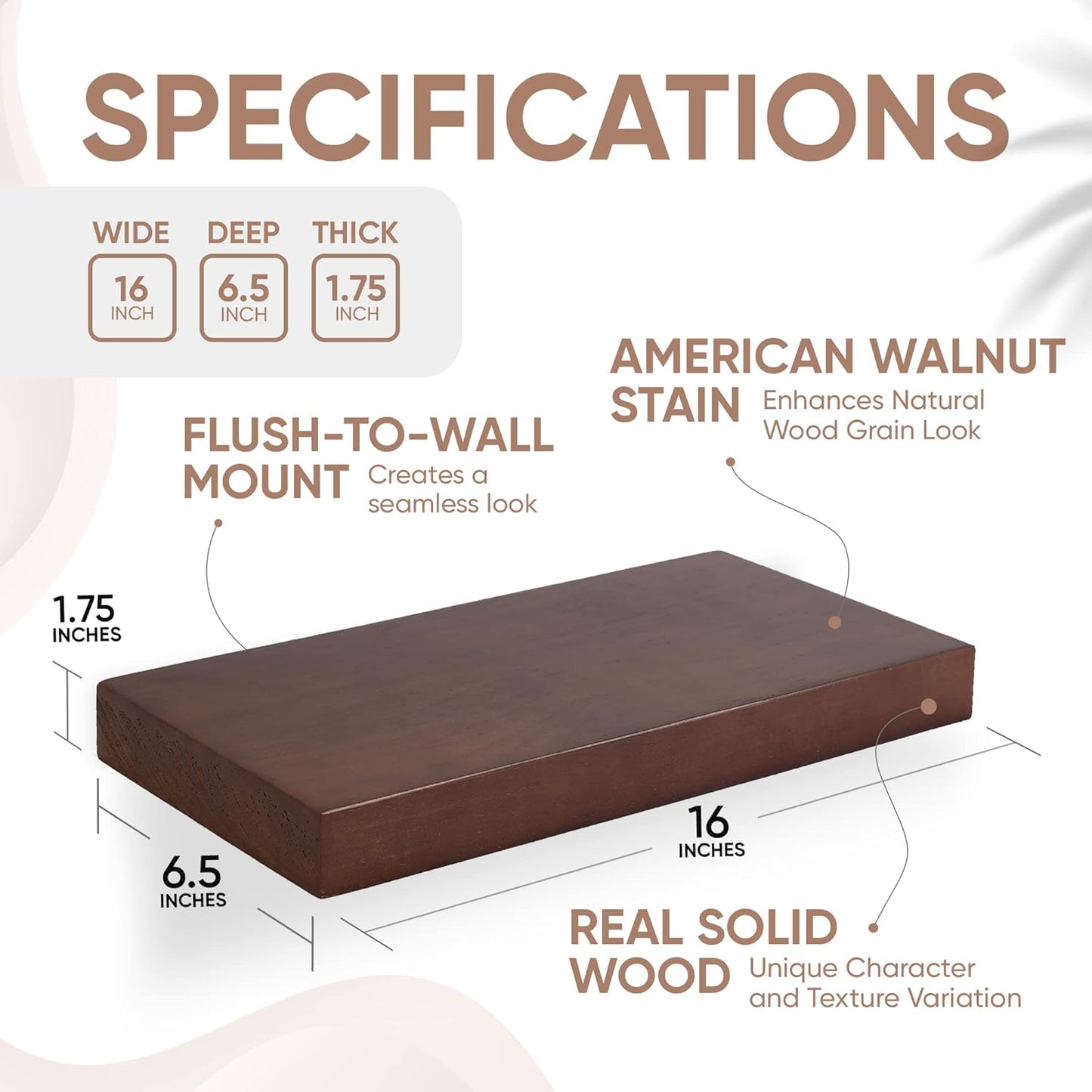 Homeforia Walnut Floating Bathroom Shelves, High End Solid Real Wood 16 inch Small Floating Shelf for Wall Mounted, Dark Brown 16inch Floating Shelves, Heavy Duty Bracket, 16 X 6.5 X 1.75 in, Set of 2