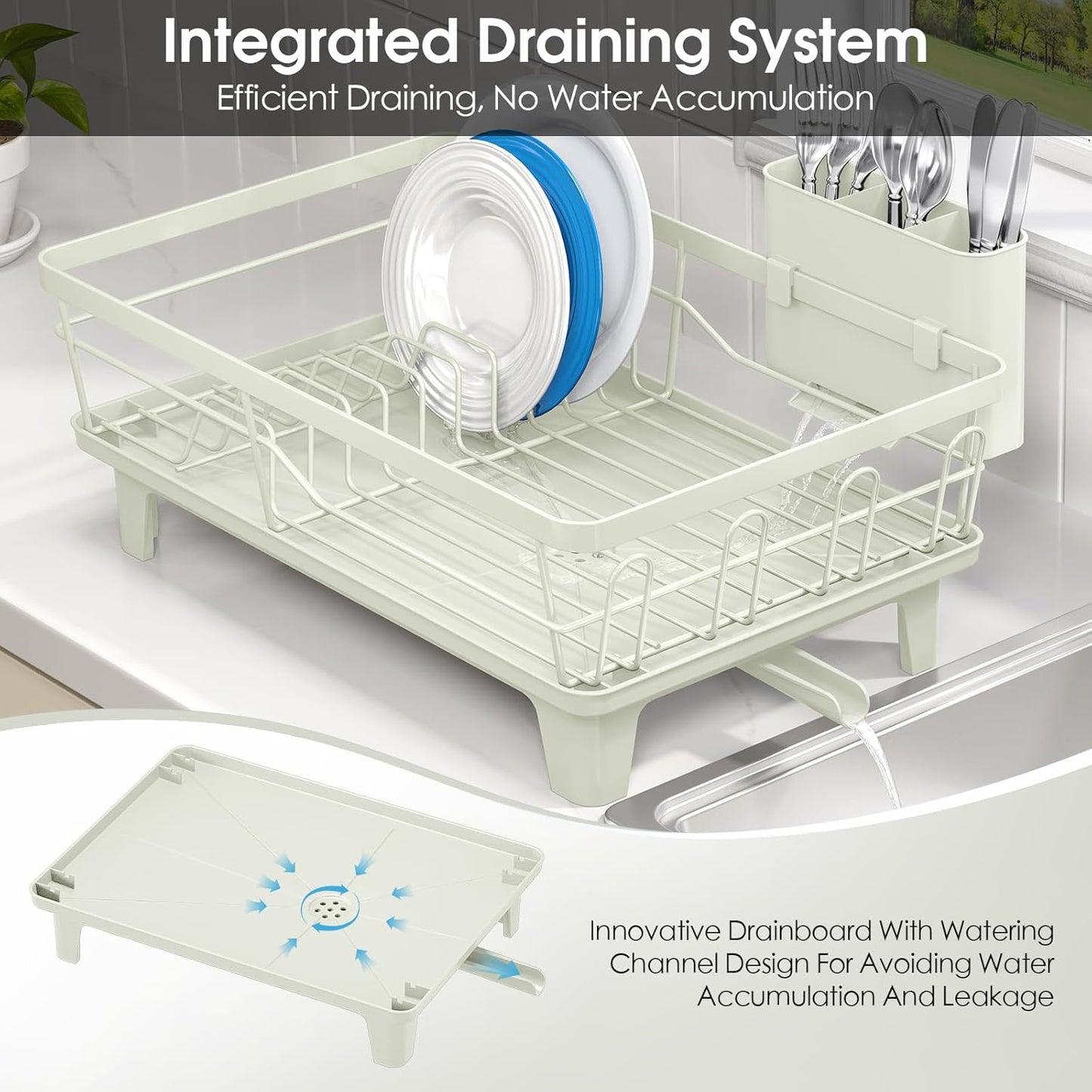 Urackify Dish Drying Rack for Kitchen Counter, Sink Dish Rack with Drainboard, Large Dish Drainer with Cups Holder, Home Countertop Plate Dryer Storage Rack with Cutlery Holder, Soft Celery Green