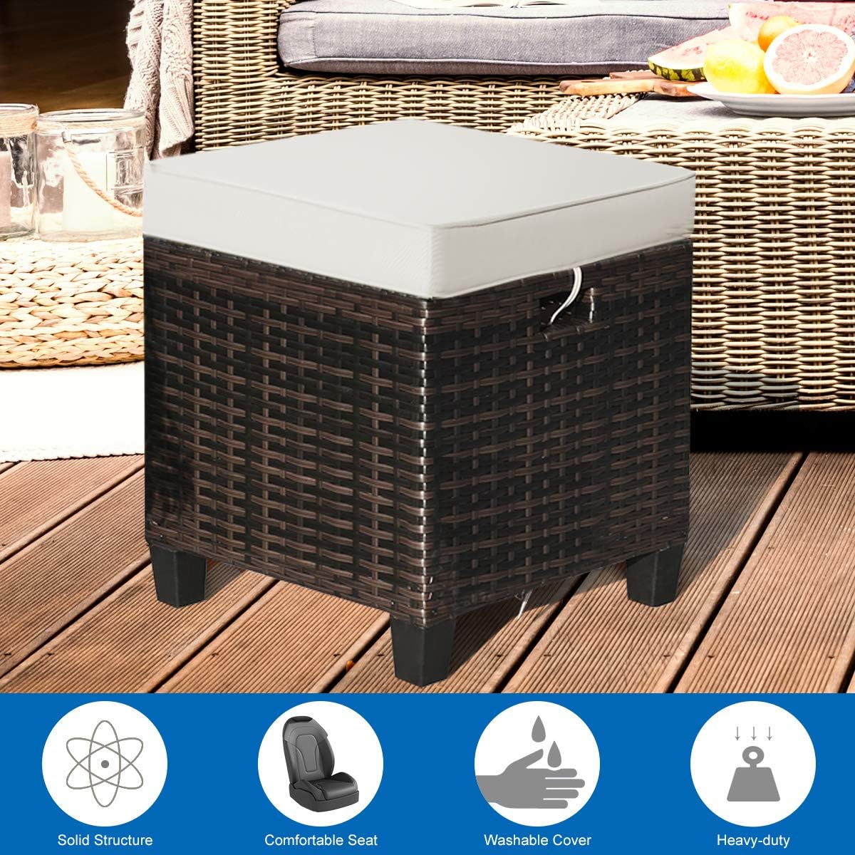 Tangkula 2 Pieces Outdoor Patio Ottoman, All Weather Rattan Wicker Ottoman Seat, Patio Rattan Furniture, Outdoor Footstool Footrest Seat w/Removable Cushions