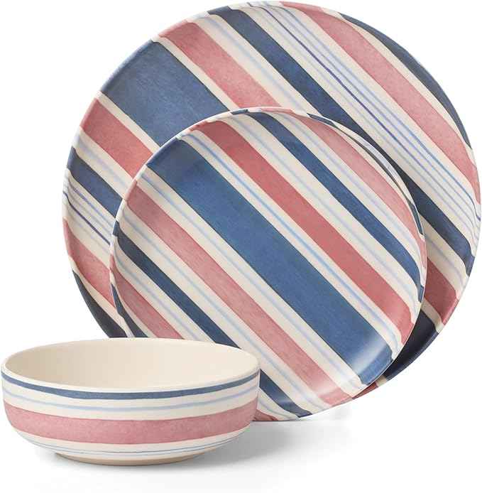 Oneida Dinnerware Sets, 24 Seven Melamine Stripe 12-Piece Dinnerware Set, Set for 4, Service For 4, Melamine Material, Dishwasher Safe, Plates And Bowls, Dinner Dishes, Kitchen (Assorted, 12 Piece)