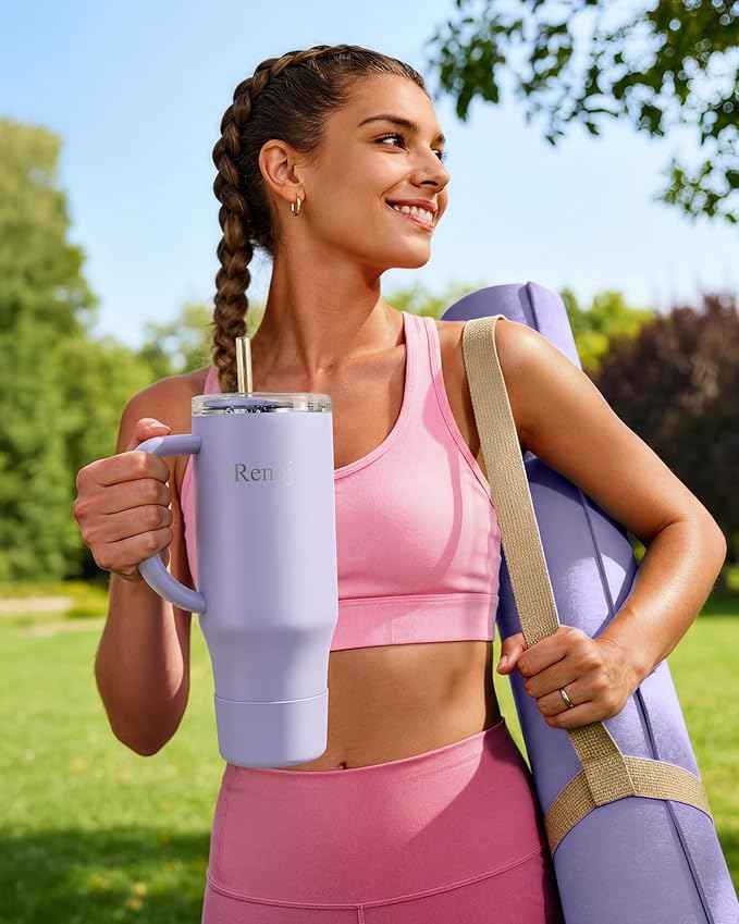 Renoj Insulated Mug 100% Spill Resistant Insulated Water Bottle for Iced Coffee & Hot Drinks - Fits Car Cup Holder, Ideal Gift, 2 Straws & Silicone Boot - FlexSlide Blue 32 oz