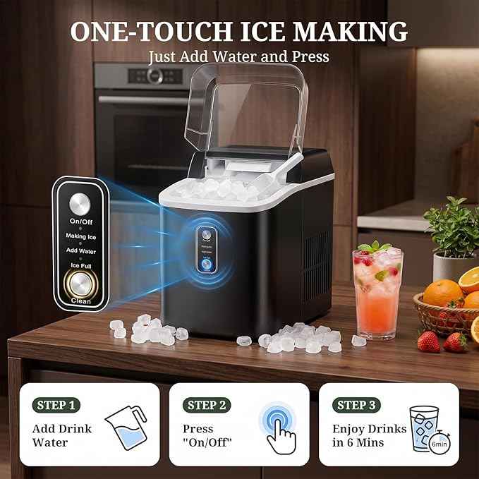 Nugget Ice Maker Countertop, 6-Min Fast Chewable Pellet Ice, 24lbs/24H Portable Ice Machine with Self-Cleaning, Ice Full & Low Water Indicator, Basket & Scoop for Home, Party, RV, Camping (Black)