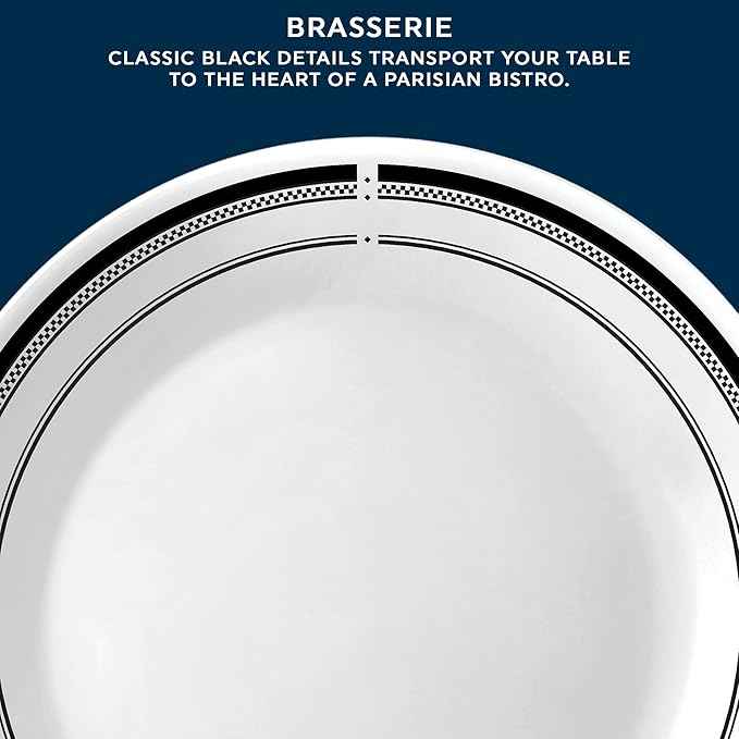 Corelle 18-Piece Round Dinnerware Set Service for 6, Lightweight Round Plates and Bowls Set, Vitrelle Triple Layer Glass, Chip and Scratch Resistant, Microwave and Dishwasher Safe, Brasserie