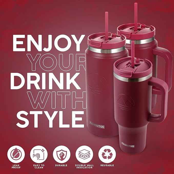 FAHRMOSIS 40 Oz Tumbler with Handle and Straw Insulated Cup that Fits in Cup Holder for Hot & Cold Drinks Leak Proof Tumbler with Straw Stainless Steel Travel Mug for Men & Women - Red