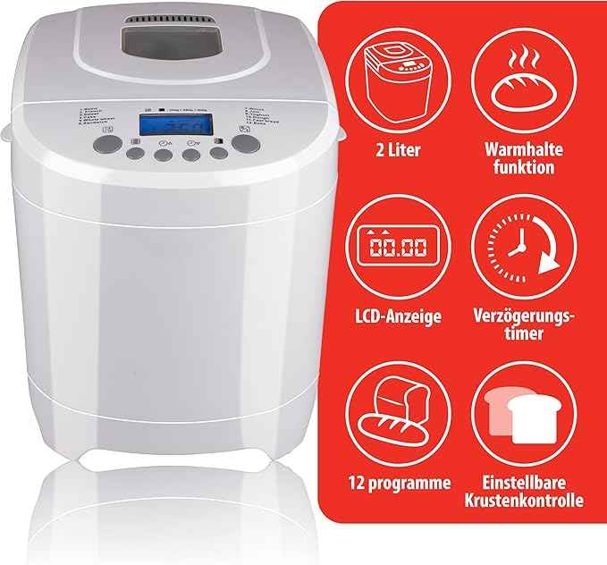 alpina Bread maker - Bread machine - small to large Breads: 450-680-900g - Timer - 12 Baking programs - also for Cake, Jam and Ketchup - 600W, White