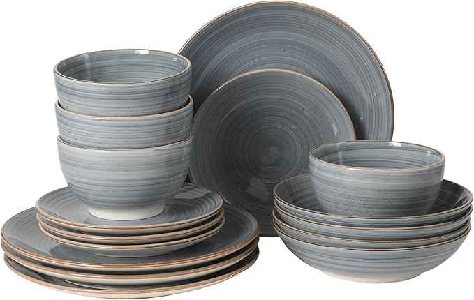 Gibson Home Stonebury 16 Piece Plates and Bowls Blue Dishes - Handpainted Stoneware Dinnerware Set - Service for 4