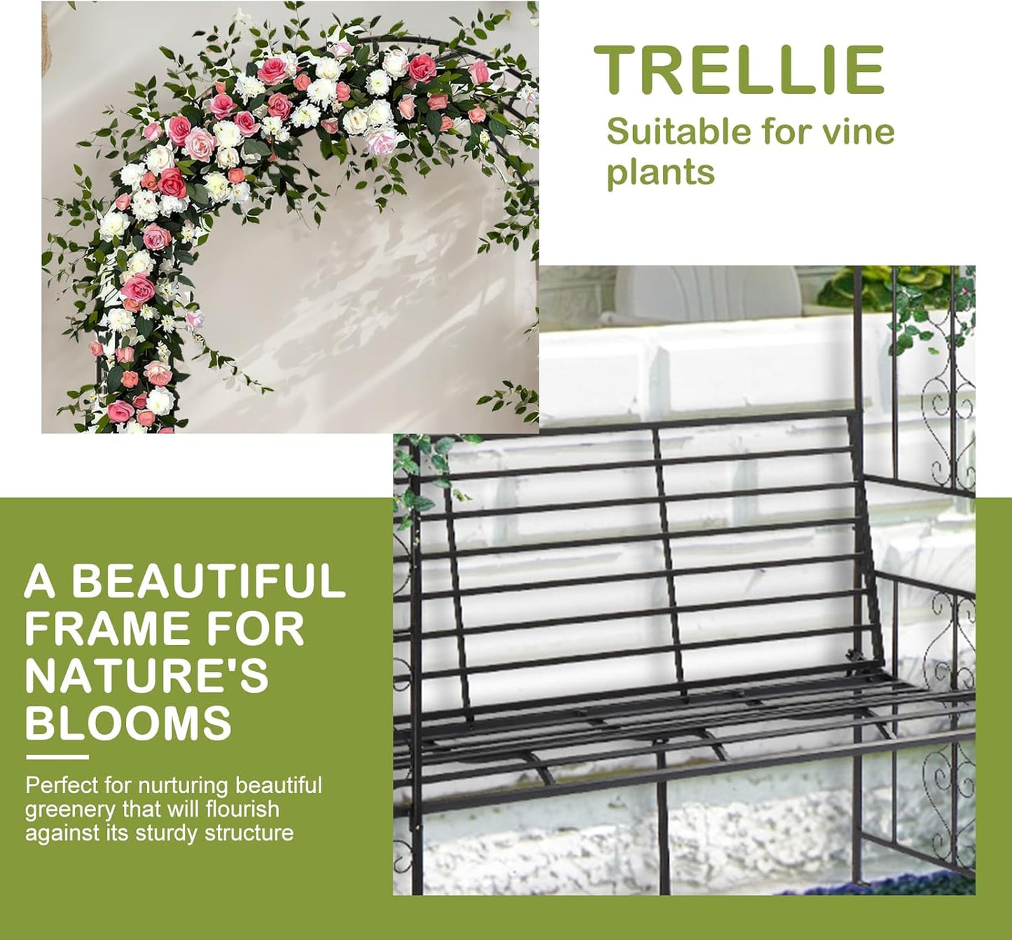 Outvita 7FT Garden Arch Arbor with Seating, Heavy Duty Metal Arbour Archway, Decorative Frame Stand Trellis for Wedding Ceremony Party Plant Climbing Rose Vines Lawn