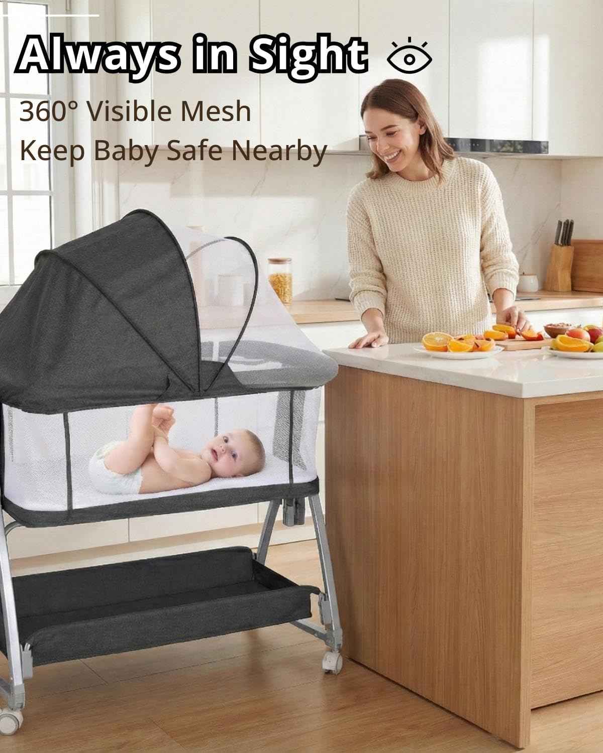 Bedside Bassinet for Baby, Sturdy 3 in 1 Bedside Sleeper with Mattress & Wheels, Height Adjustable, Breathable Mesh, Storage Basket, Easy to Assemble for Newborn, Black