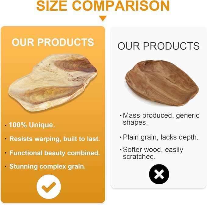 BTEOBFY Natural Wood Fruit Bowl 11-13 inch, Unique Handmade Wood Serving Platter, Wood Fruit Snack Dish for Sandwich Bread Serving, Appetizer Display, Vintage Ring Dish, Hand Carved Artworks