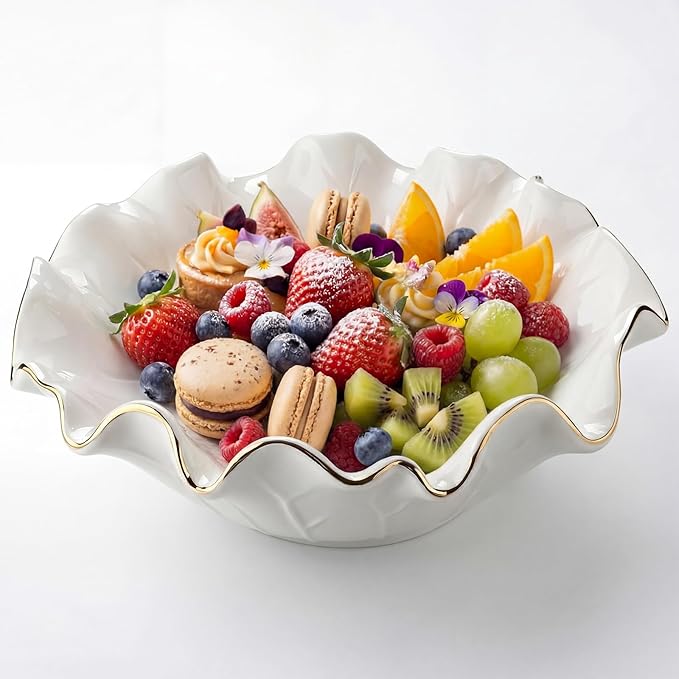 2 Pack White Lotus Ceramic Decorative Bowls 7.48 x 2.56 Inch Ruffle Lotus Leaf Scalloped Bowl with Gold Trim for Coffee Table Counter Keys Coins Catchall