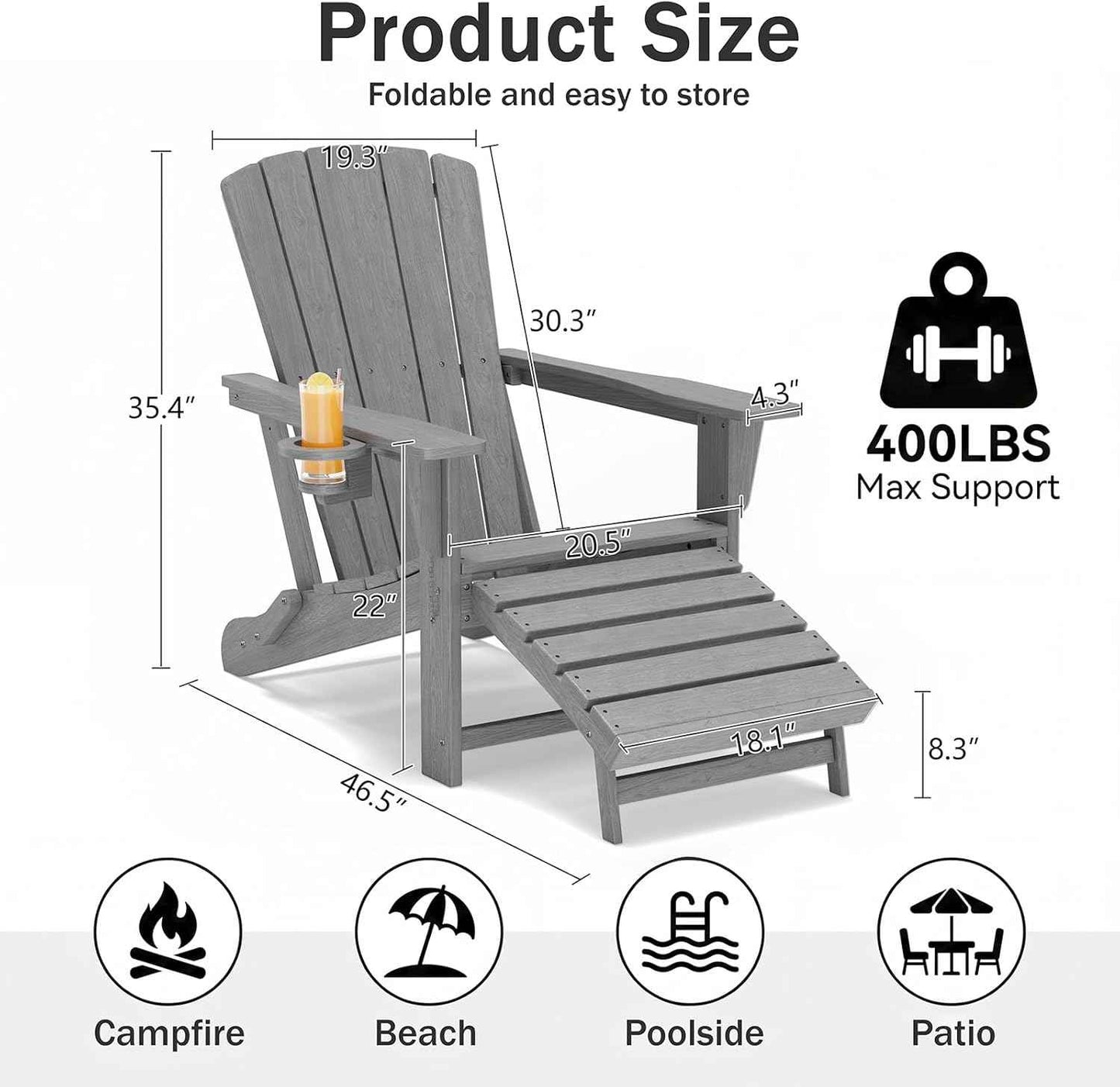 Folding Adirondack Chair with Retractable Ottoman,HDPE Outdoor Adirondack Chair with Cup Holder,All-Weather Lounge Chairs for Outside,Patio,Pool,Fire Pit,Grey